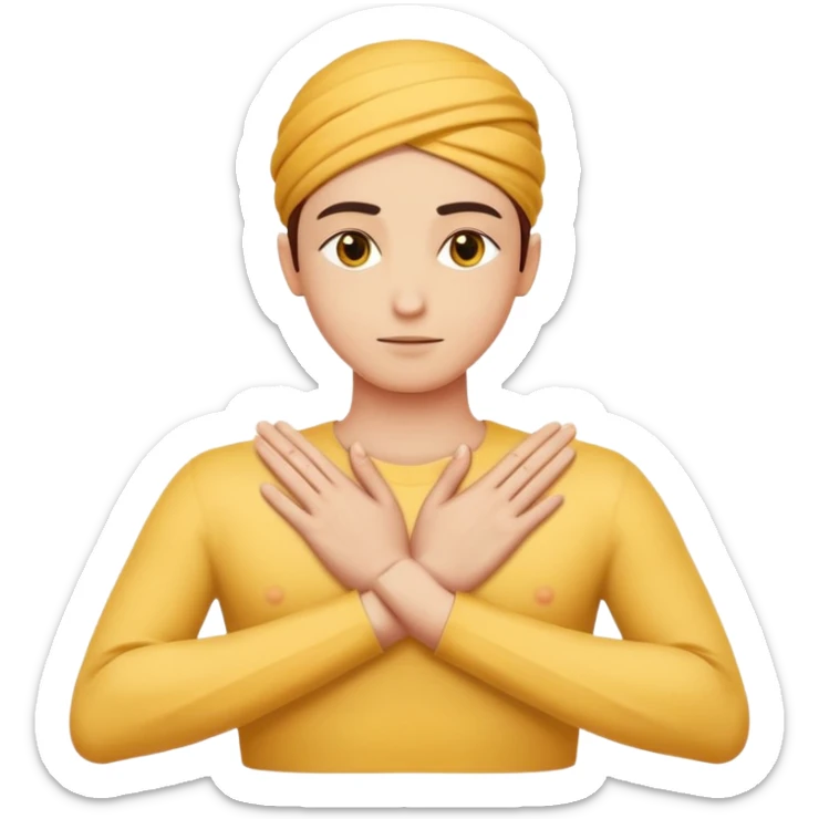 human hands crossed in an X over the chest, right hand on top, fingers straight and together, palms on chest, calm and graceful, yellow emoji color, minimal shading, 2D emoji style, expressing deep appreciation and respect inspired by Arab body language sticker
