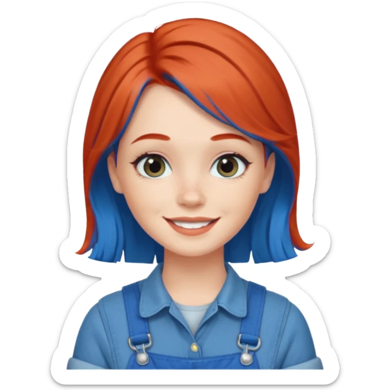 redheaded girl with blue hair, 1960s hairstyle, blue overalls, no text, smiling sticker