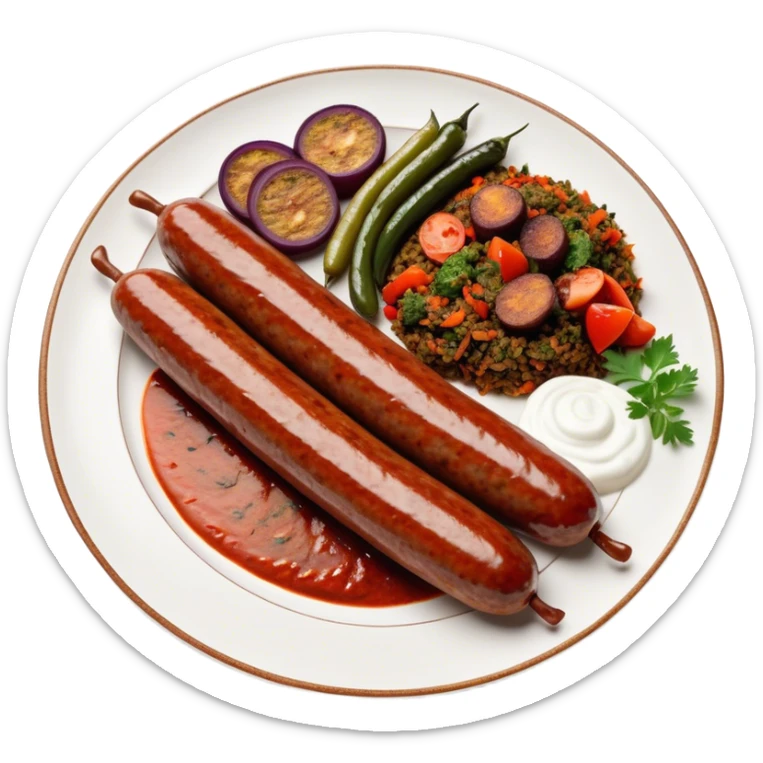 Cinematic Realistic image of a long, sausage-shaped Turkish Köfte, rendered with richly spiced meat textures and subtle grill marks, artfully arranged on a traditional Turkish ceramic plate alongside classic sides such as a serving of aromatic pilaf, crisp grilled vegetables, and a dollop of creamy yogurt, all bathed in warm, appetizing lighting that emphasizes its savory allure. sticker
