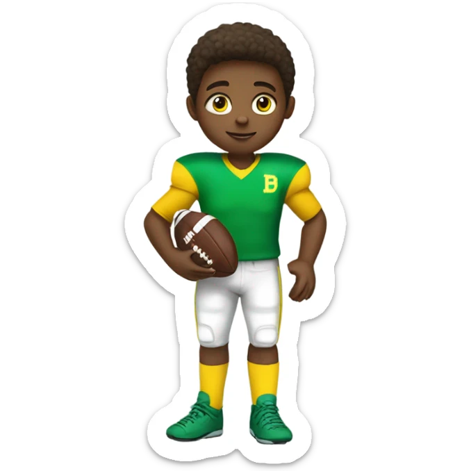 boy with blue eyes, wearing a green and yellow jersey holding a football sticker