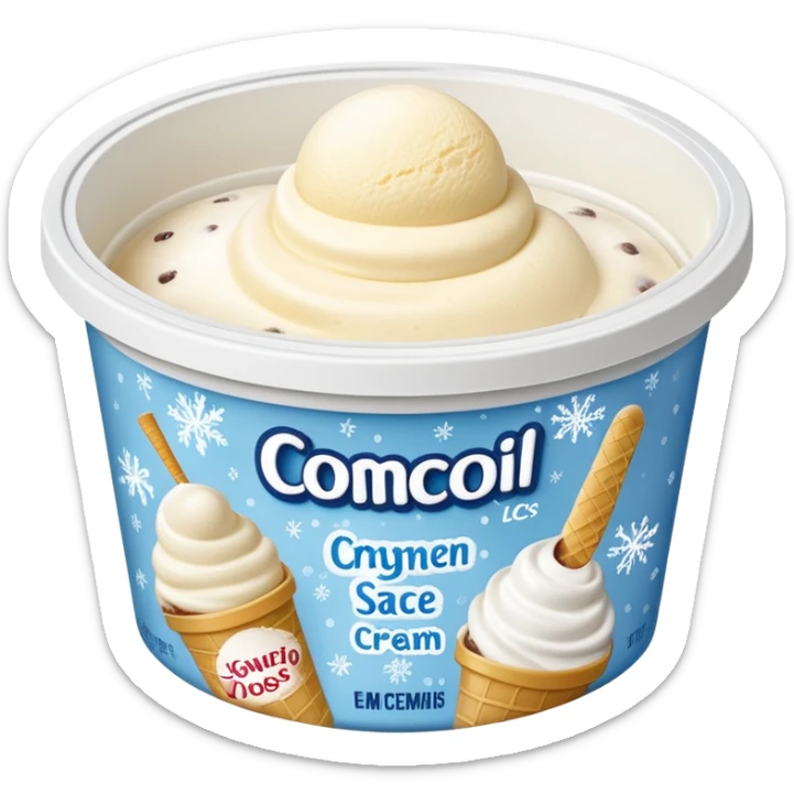 A creamy ice cream tub with a minimalist printed label showing flavor name and brand logo, sitting inside a store freezer. The lid and sides of the container have small frost crystals and condensation. Realistic photography style with soft lighting and a cool-toned background. sticker