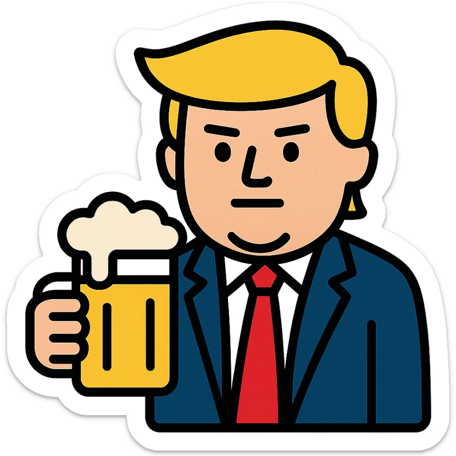 Donald Trump holding a beer, cartoon icon with color outline sticker