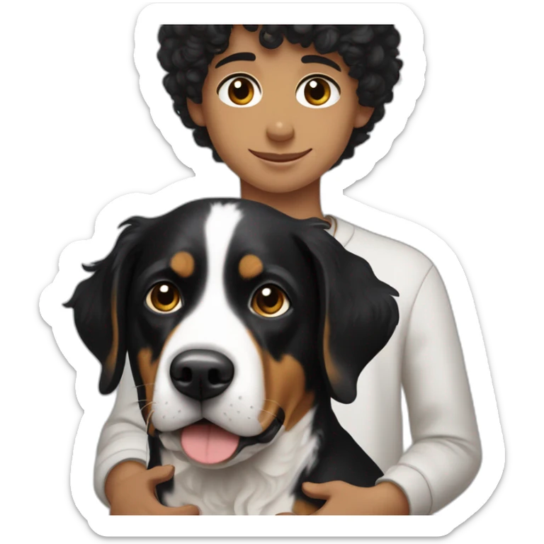 Russian Boy with curly Black Hair with dog Entlebucher zennenhund sticker