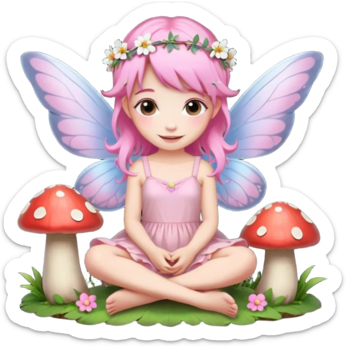A tiny pastel fairy with pink hair with glowing wings and a sweet smile and tiny flower crown sticker