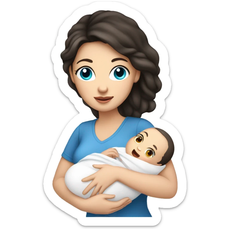 mom holding newborn baby girl with blue eyes white skin dark hair and white skin newborn white girl baby sticker