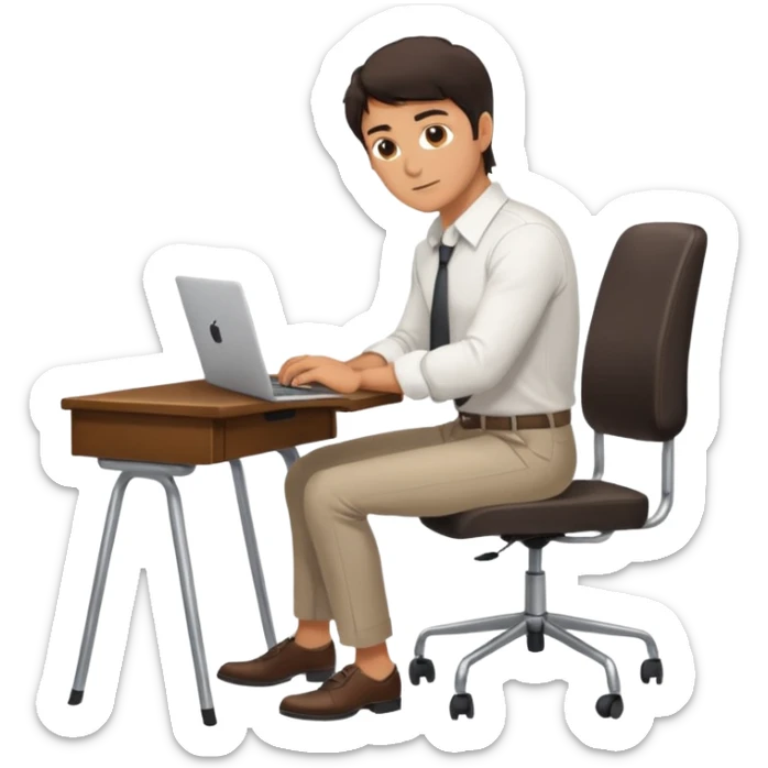 Rich man working on a chair at office in shirt, dark hair, and near the desk with laptop he is german very beautiful looks like, full body view sticker