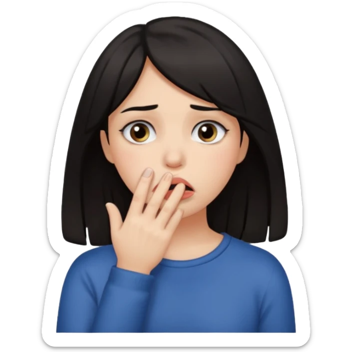 Dark haired girl with fingers in mouth and tears in eyes sticker