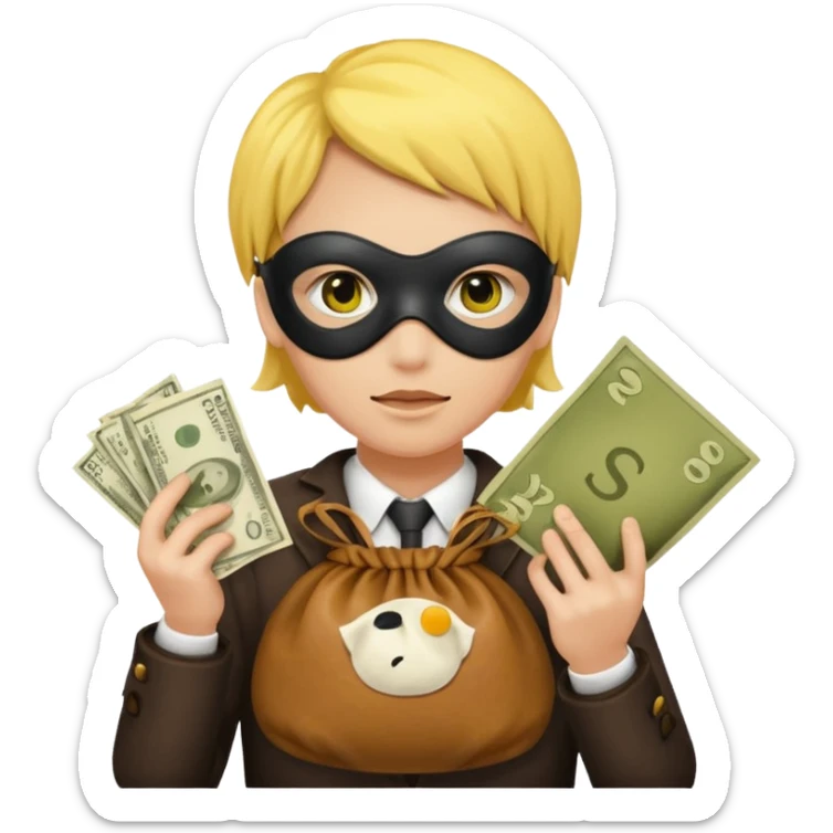 yellow skin robber wears black eye mask and carrying money bag sticker