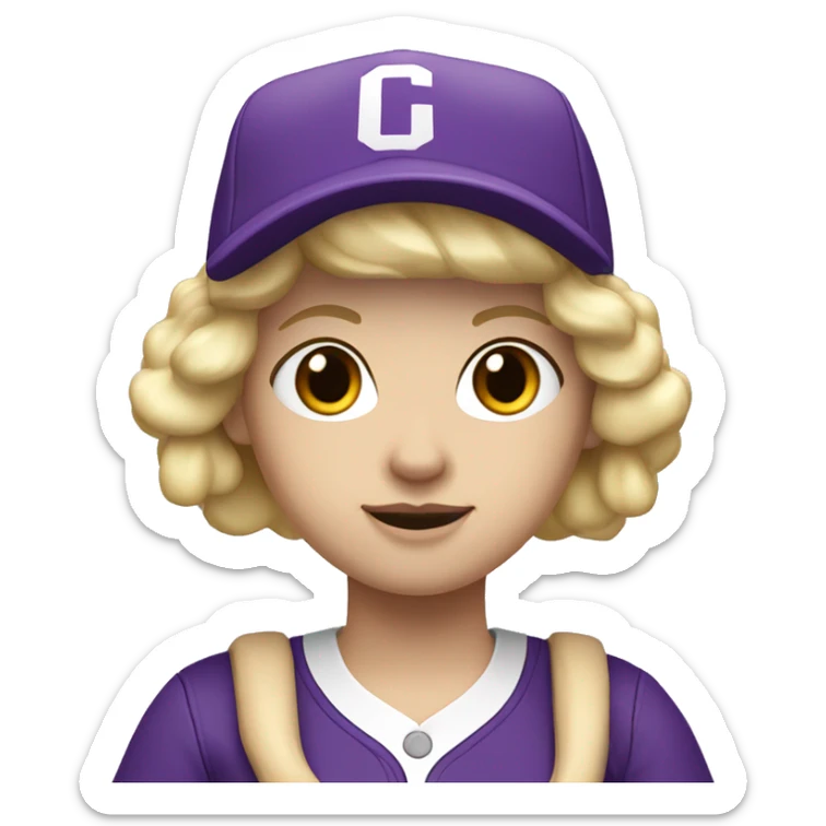 baseball card character. Blonde female bob hair. letter C logo. Purple and white uniform. sticker