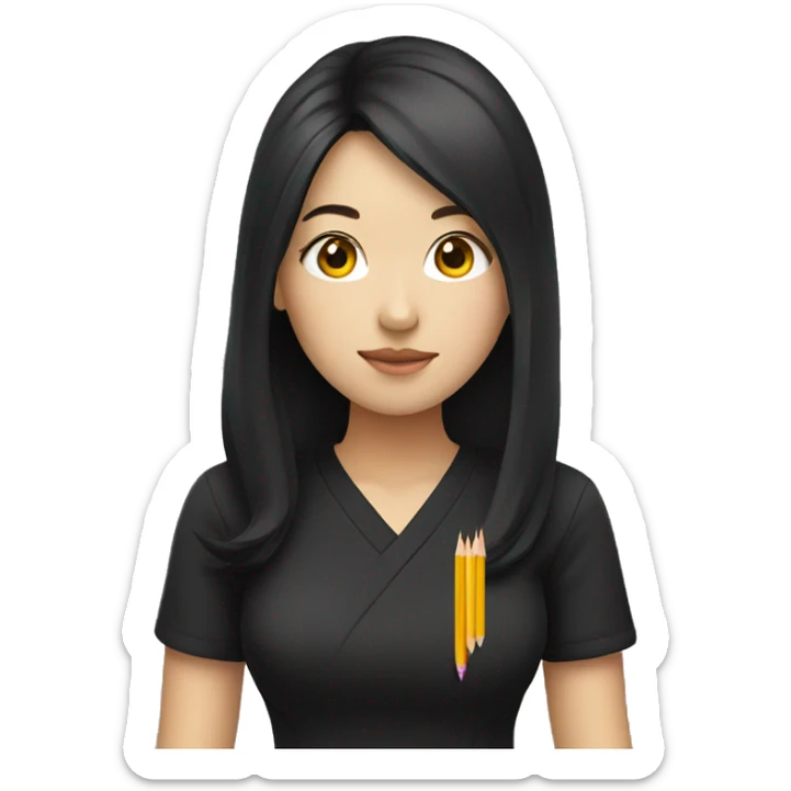 korean woman, long black hair, black shirt, holding yellow pencil sticker