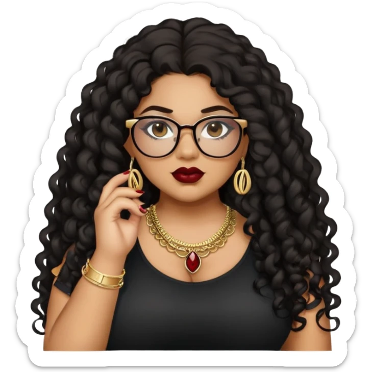 teen big plus size, latina, darker tan skin, gold jewelry, long black curly hair, baddie,pretty, makeup, dark red lipgloss, black eyeliner, long hair, black top, black glasses sticker