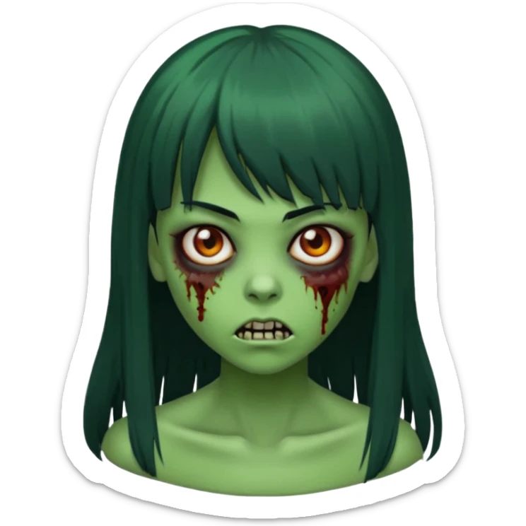 Faça uma menina de cabelo liso preto com franja zumbi cabelo longo 🧟‍♀️ faça ela assim faça ela verde com cara mais assustadora sticker