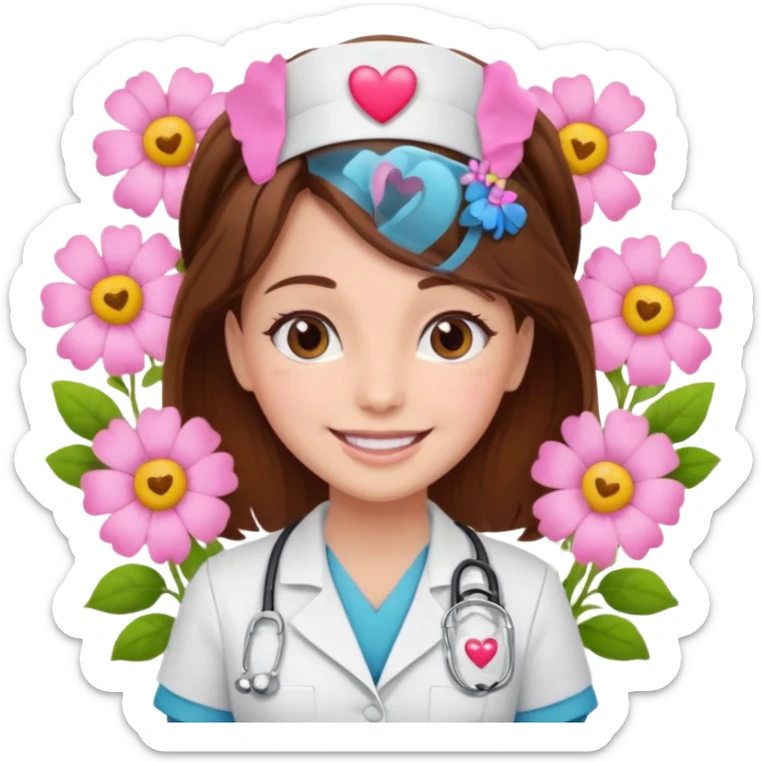 Brown hair Nurse with pink heart and flowers surround her sticker