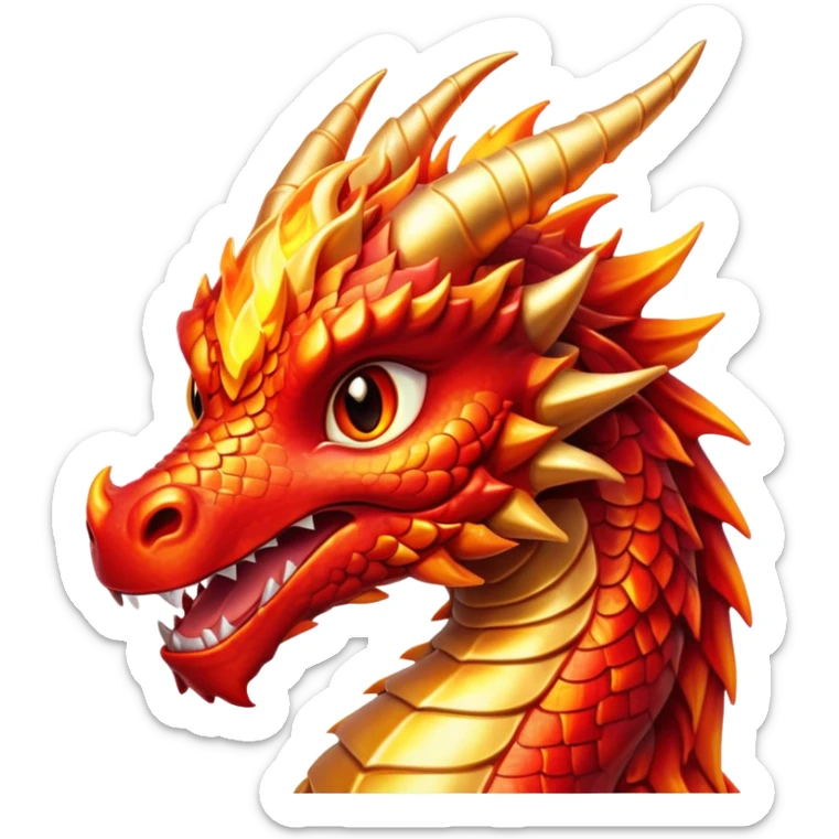 Cinematic Cute Fierce Fire Dragon Portrait Emoji, Head tilted playfully and inquisitively, showcasing a robust, flame-embellished form with intricately detailed scales in vibrant reds and glistening golds, accented by flickering ember highlights and a warm, inviting glow; rendered with lifelike detail and radiant natural light, high shine, spirited yet endearing, styled with a touch of blazing whimsy, soft glowing outline, capturing the essence of a mischievous yet charming inferno that seems ready to dance with playful fire! sticker