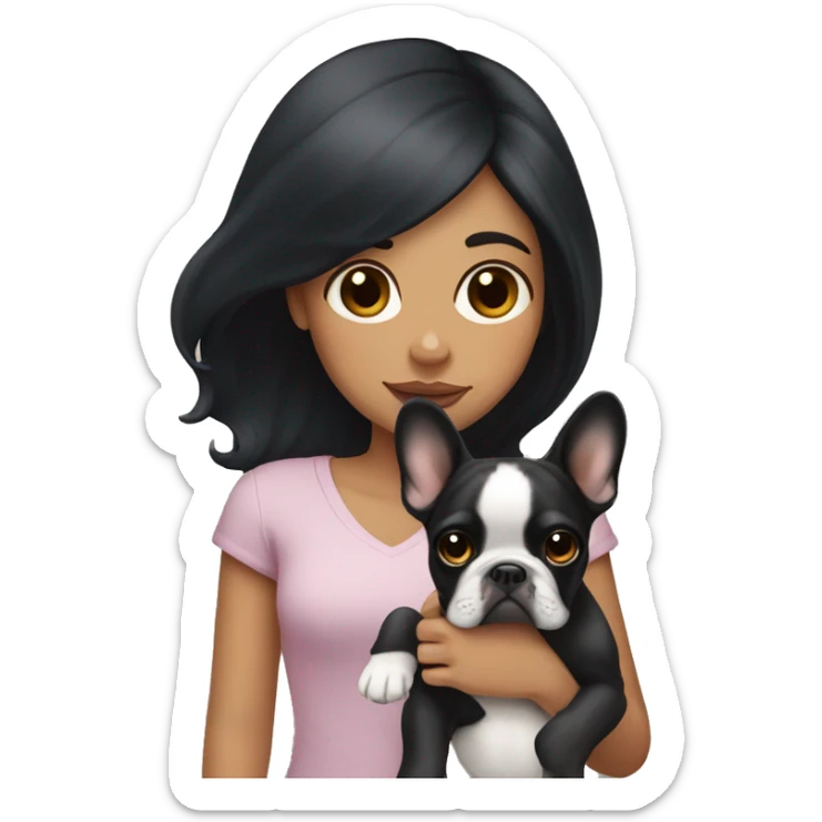 Girl with long black hair holding a fawn French bulldog  sticker