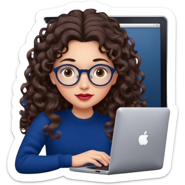a european white young woman with very long wavy dark brown/chocolate hair with curls at the end of her long hair typing in a computer. she's using round glasses, her lips are light red and her cheeks slightly pink. Her eyes are dark brown. She's using a dark blue knit sweater  sticker