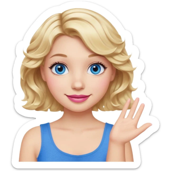 Girl Blonde short wavy hair,  blue eyes, cute blue top, long lashes, pink lips, smiling, one hand 🤷🏼‍♀️  sticker