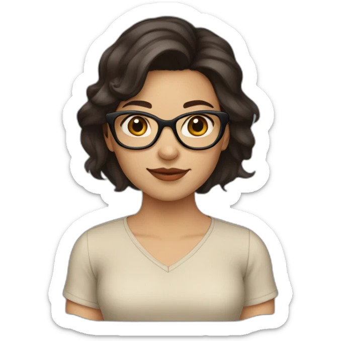 A girl with medium length dark brown hair and dark brown eyes and beige skin wearing glasses sticker