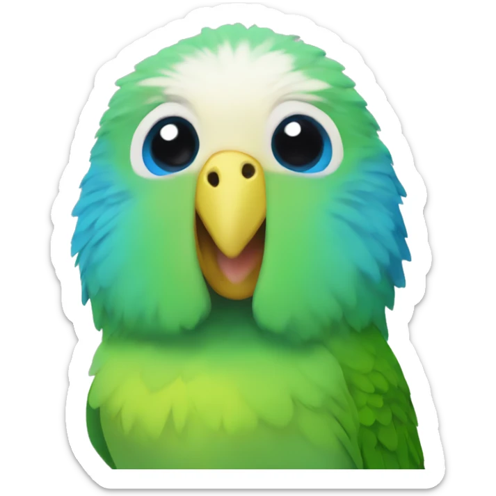 a green male budgie with a yellow head and a blue nose above the beak sticker