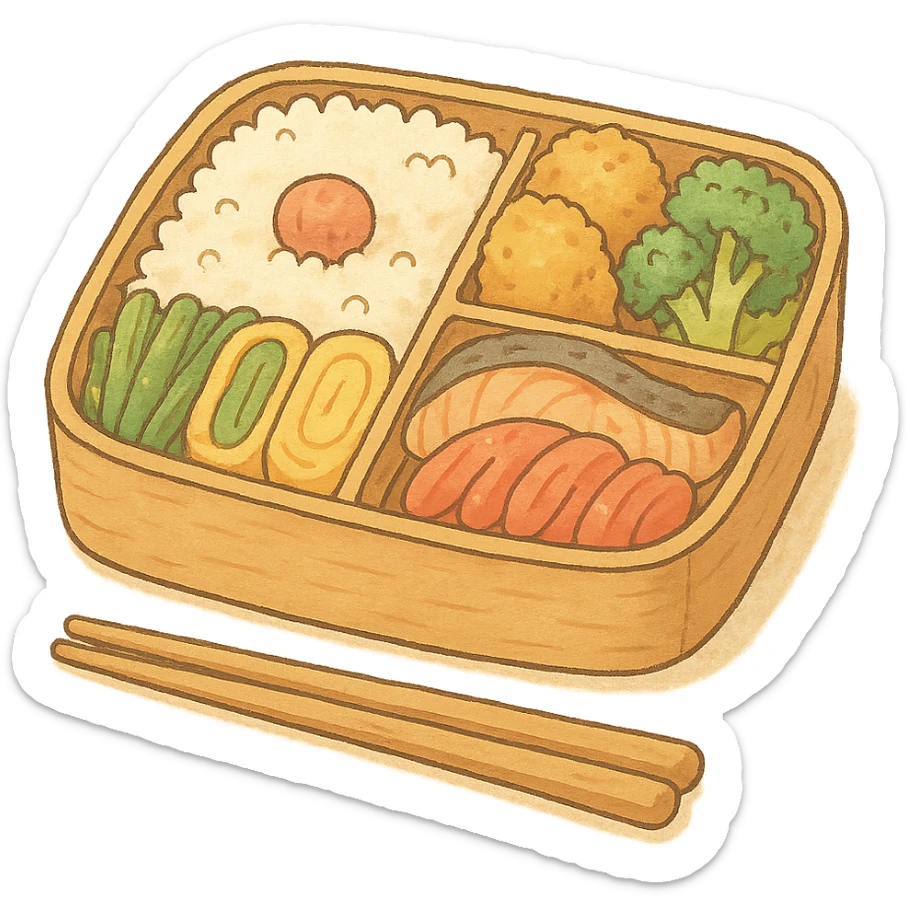 Japanese style bento box with a pair of chopsticks, soft pastel kawaii hand-drawn style, full object sticker