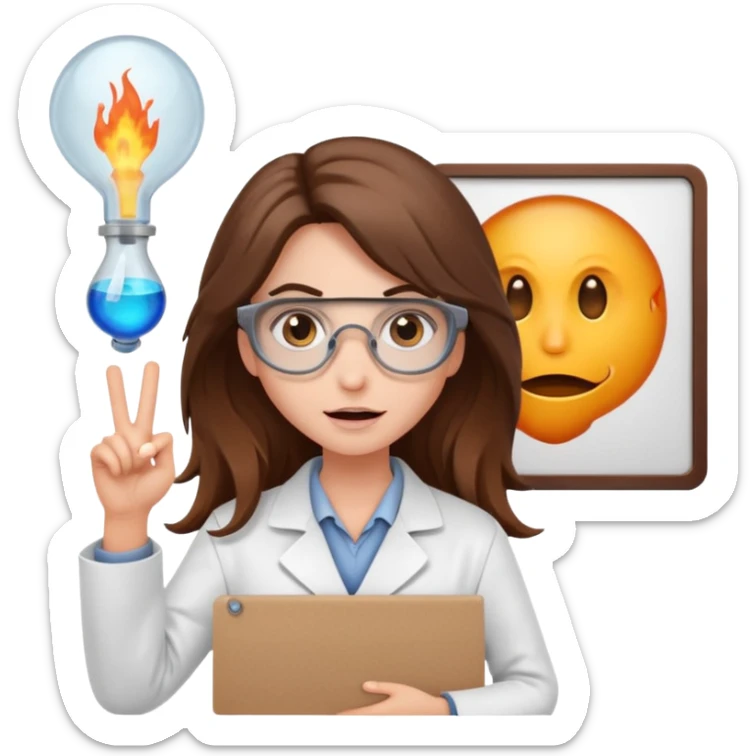 Crazy Girl mad scientist with long brown hair holding large blank sign sticker