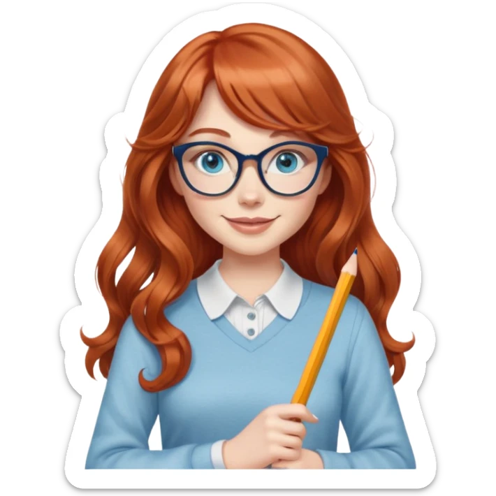 redheaded woman with very long wavy hair and bangs, blue eyes, clear cat-eye glasses, casual chic outfit, holding a pencil, smiling sticker