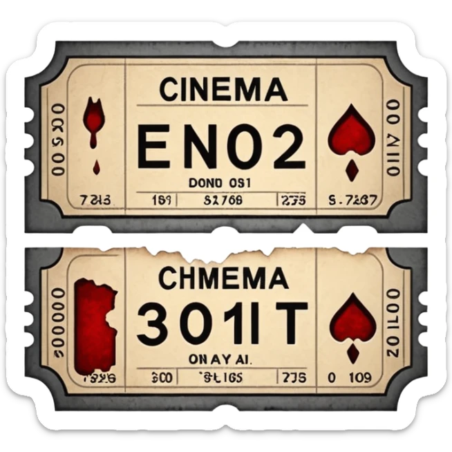 Minimalist emoji-style sticker of an old torn cinema ticket, no text, blood-stained edges and burn holes, grayscale paper

 sticker