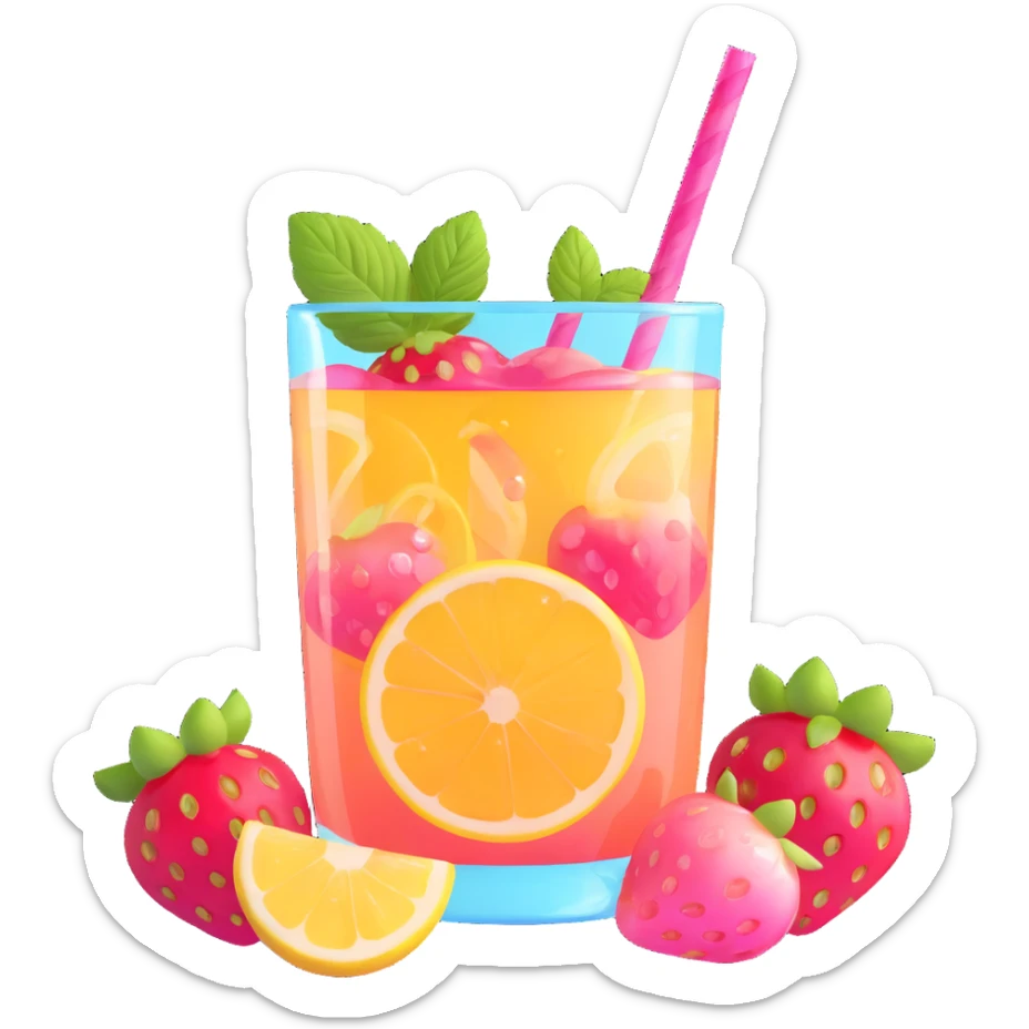 playful memoji-style glass of strawberry lemonade with transparent body, pink sparkling liquid, strawberry slices, bubbles, happy face, mint sprig, lemon slice, striped straw, summery vibrant sticker
