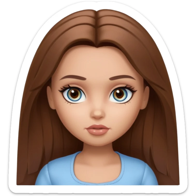 Pretty Bratz doll baddie, straight brown mid lenght hair, pale-tanned skin, natural makeup, light blue-grey eyes sticker
