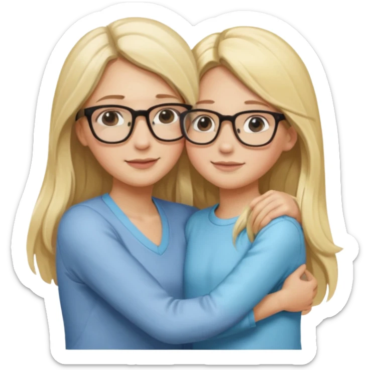 je voudrai un emoji d'une maman blonde avec des lunettes et de sa fille aux cheveux longs et blonds avec des lunettes qui fond un calin, les 2 ont les cheveux longs sticker