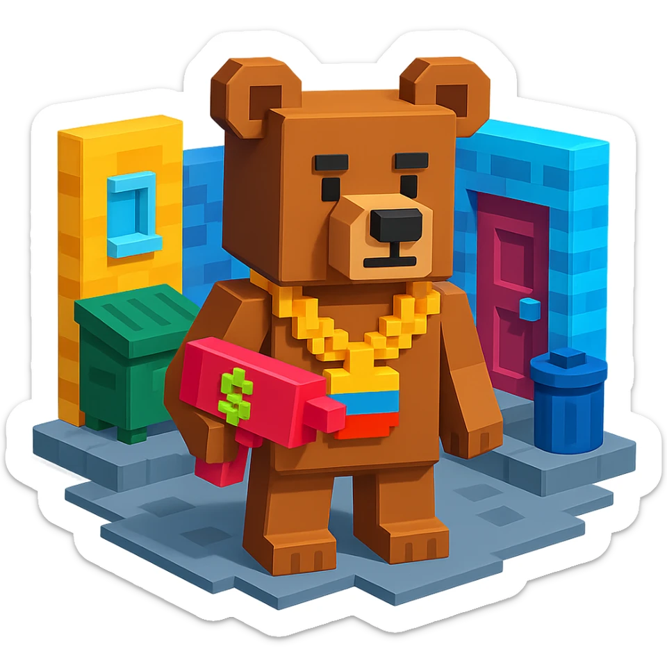 Russian grizzly bear with a rapper chain and a money gun, standing in a city alley sticker