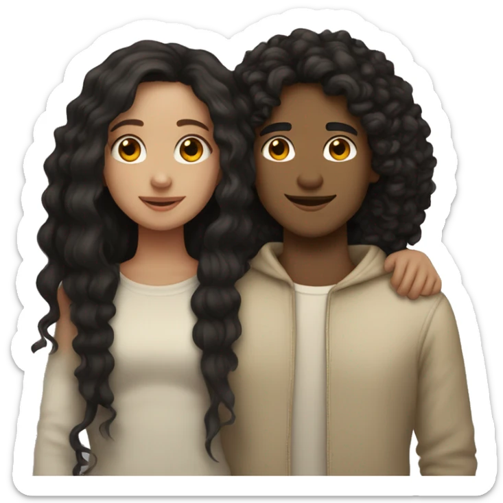 Girl with straight, long, black hair, cuddling with a light skin boy that has curly and brown hair  sticker