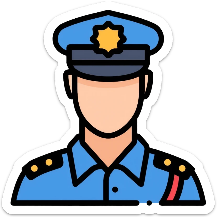 Russian police officer wearing blue uniform and traditional police cap with badge sticker