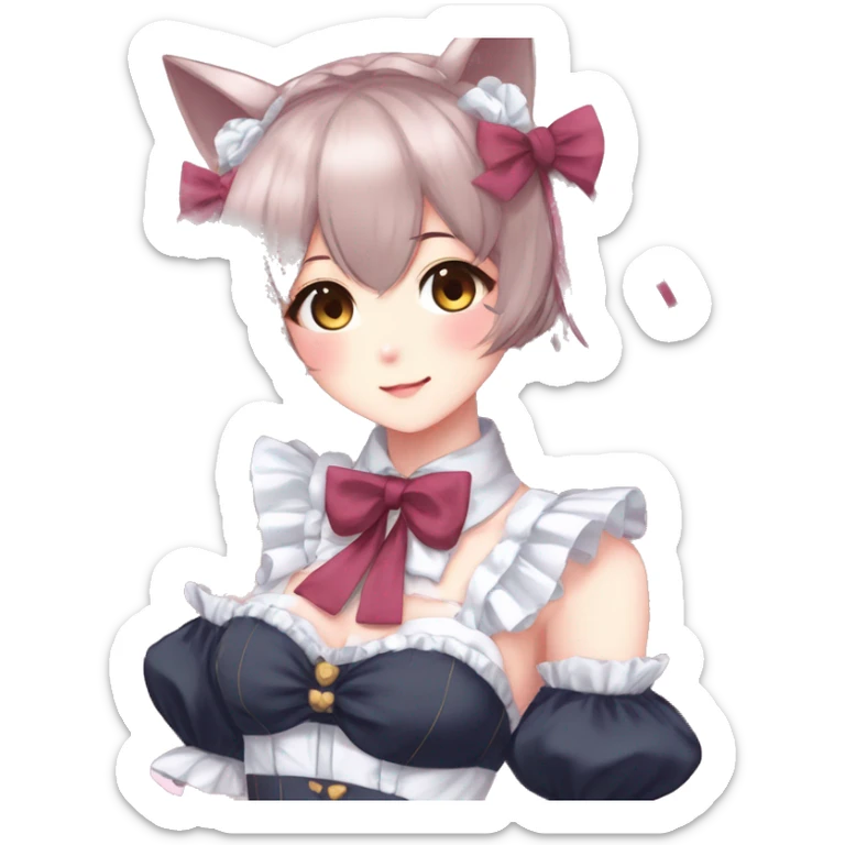 Gorgeous anime style catgirl with blushing face with maid outfit bow tie idol model kawaiicore pearly petite simplistic aesthetic trending style sticker