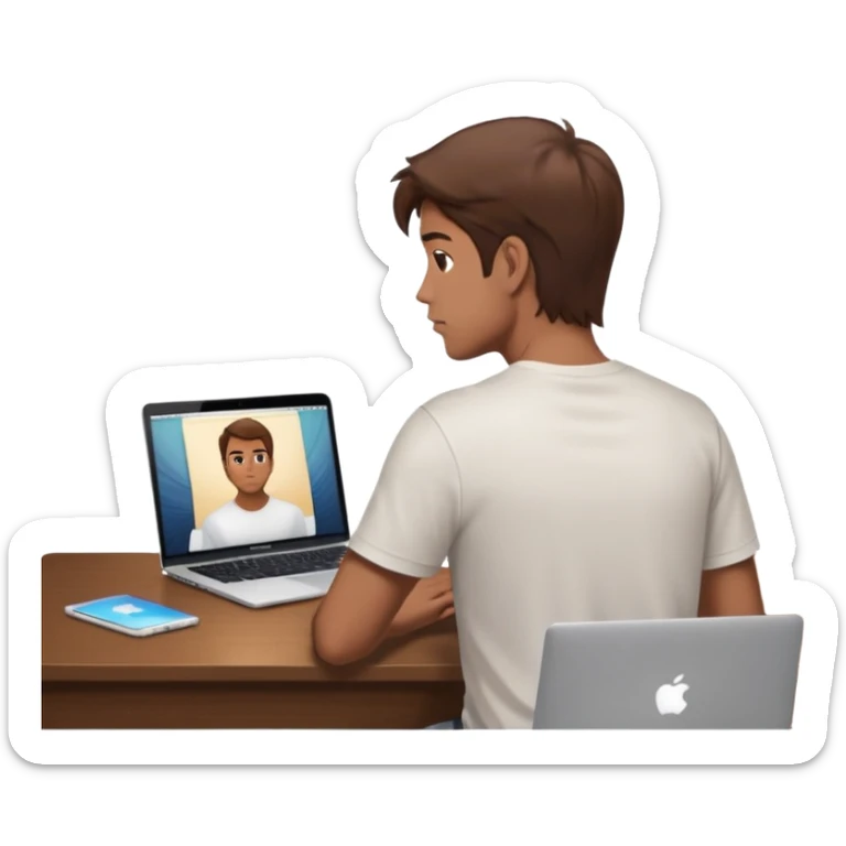A man seen from behind, with detailed, well-lit hair. He is sitting in front of an open MacBook on a desk. On the MacBook screen, the Instagram logo is clearly visible and glowing.  sticker