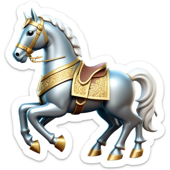 Clash of Clans aesthetic: Cinematic Playful Armored Horse Emoji, rendered in a 3D vector-style similar to standard emojis with minimal shading and bold, simplified shapes. A compact, isometric warhorse outfitted in intricately detailed armor with noble accents, softly glowing with a gallant medieval carriage charm. Simplified yet unmistakably iconic, highly detailed and consistent, glowing with a soft radiant shine and high polish. Stylized with a touch of heroic elegance and a soft glowing outline, capturing the essence of a noble steed ready for battle with a friendly, playful air! sticker