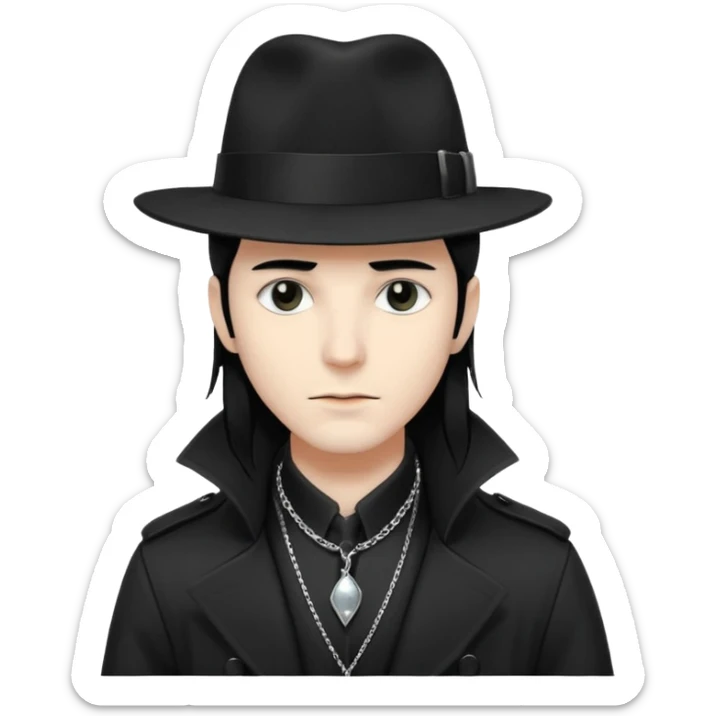Male Goth with Fedora
 Sleek long hair, white skin, black trench coat, silver necklace visible under coat sticker