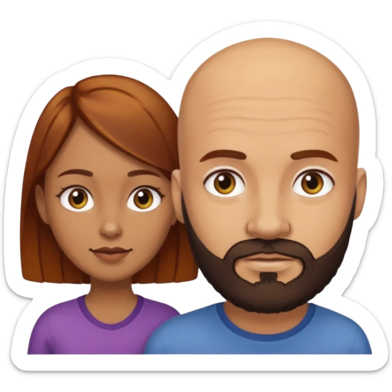Couple. A bald man with dark brown beard and a girl with light skin. She has dark yellow brown auburn hair. Different skincolor. She has very light skin. sticker