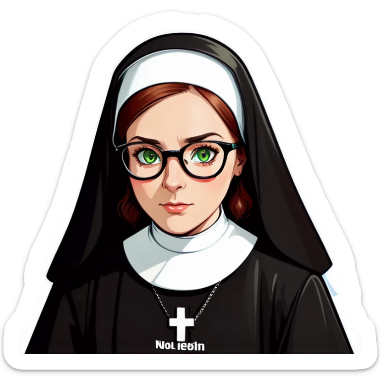 A beautiful nun with Auburn hair, green eyes wearing  glasses . Captions saying no. sticker