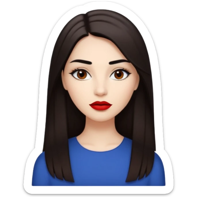A woman emoji with fair skin, long straight dark brown hair parted in the middle, dark eyebrows, and red lipstick. sticker