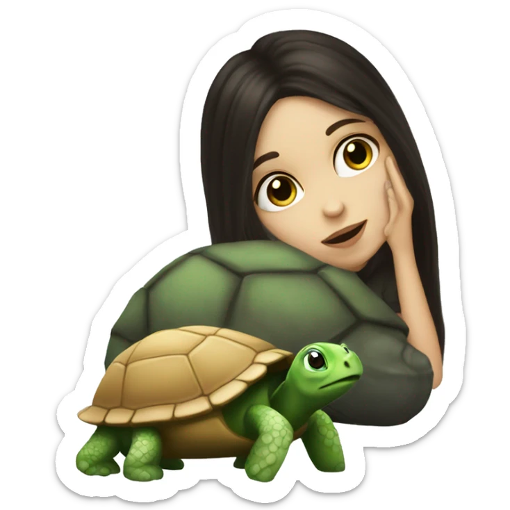 A white girl with dark hair kisses a little turtle sticker