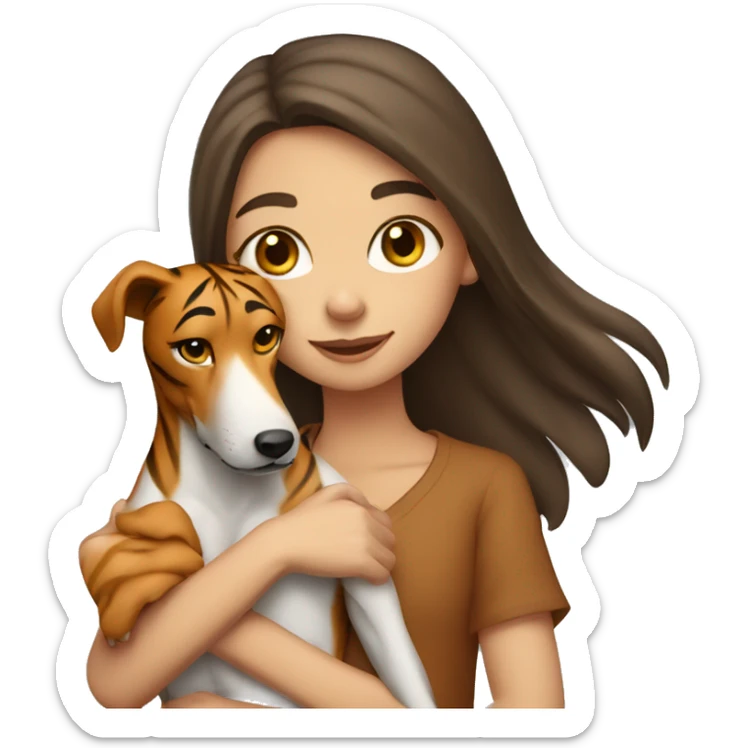 girl with long brown hair hugging greyhound color tiger sticker