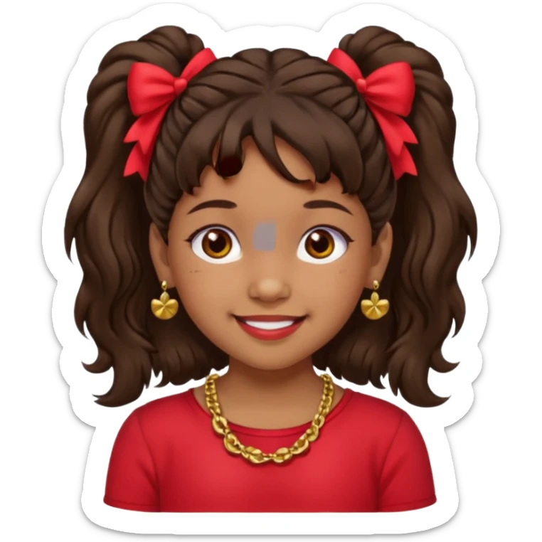Brownskin girl dark brown hair fluffy. pigtails with red bows brown eyes smiling closed mouth red shirt gold esrrings gold necklace sticker