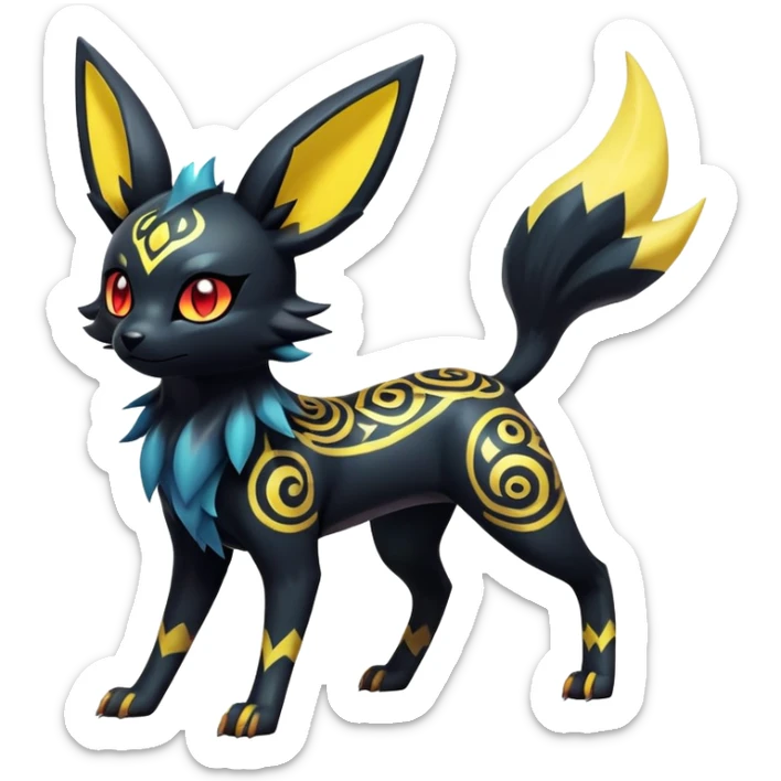 Shiny Exotic Badass Colorful Ethereal Royal Mysterious Gothic Umbreon-Jolteon-Litten-Noibat-Pokémon-Fakémon-hybrid-creature (full body) with pattern-markings sticker