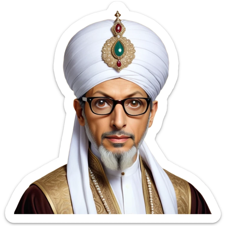 Jeff Goldblum no glasses as a regal portrait dressed as suleiman-the-magnificent,-depicted-as-a-regal-ottoman-sultan-adorned-with-a-large,-white,-round,-tall-turban-and-a-majestic-grey-beard,-his-commanding-gaze-bathed-in-warm,-historic-lighting-that-exudes-time with a large beard **no glasses* sticker