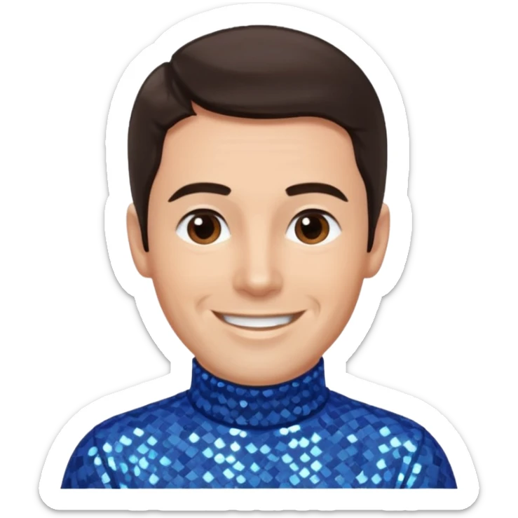 Anthony Field from The Wiggles with dark brown hair, blue sequin skivvy shirt, fair skin sticker