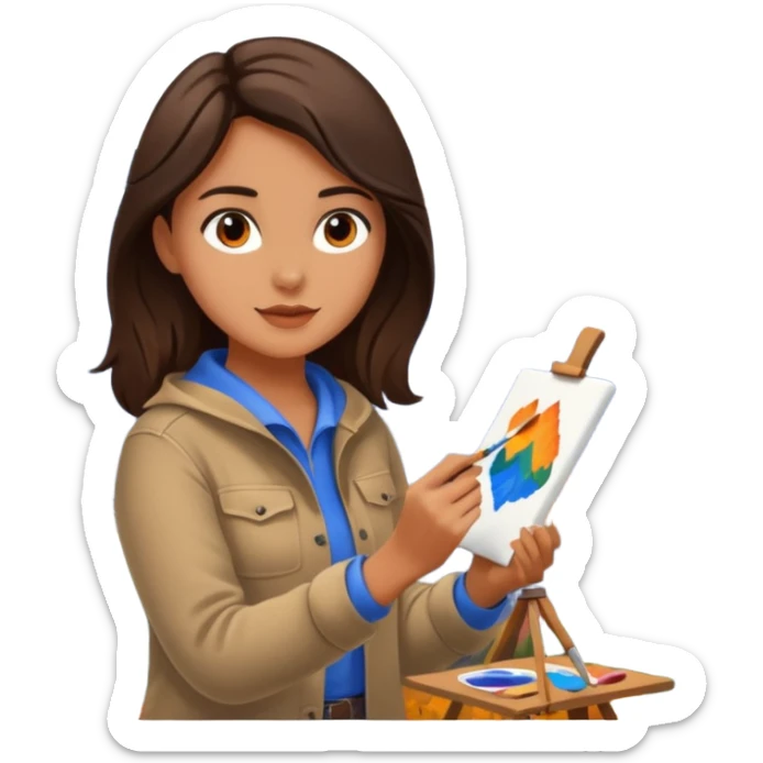 Brunette Artist painting a beautiful autumn mountain peak destination on canvas sticker