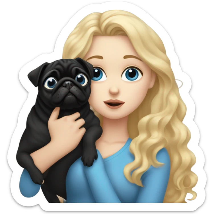 Girl with wavy blonde hair and blue eyes, kissing a black pug sticker