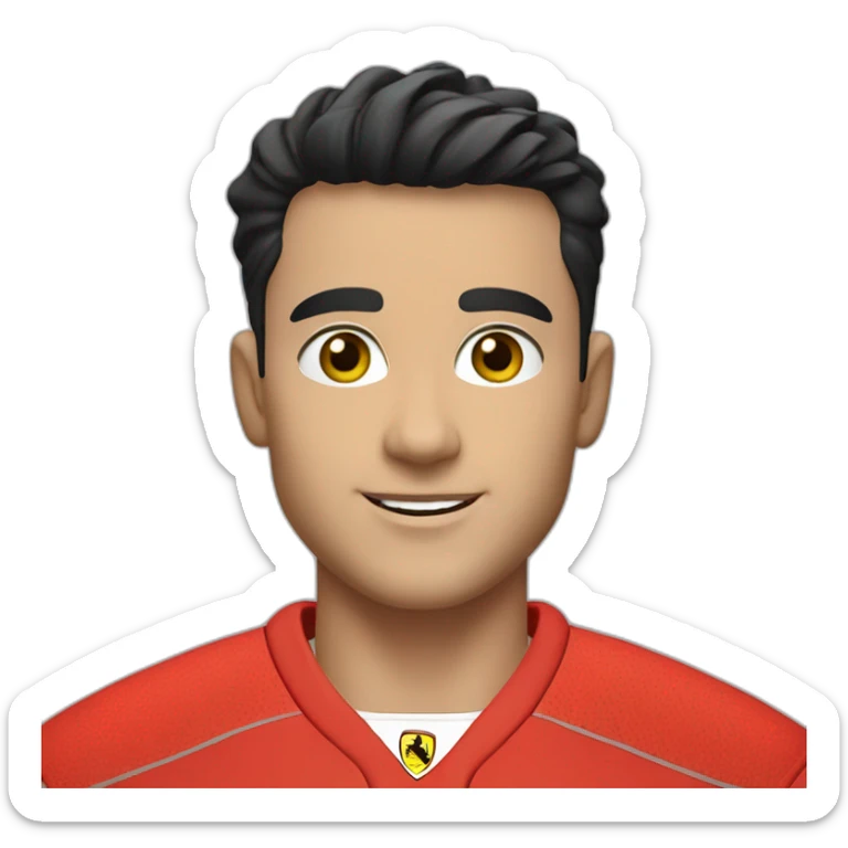 A young smiling white man in red Ferrari jersey with very short black hair and light green eyes and dig cheeks sticker