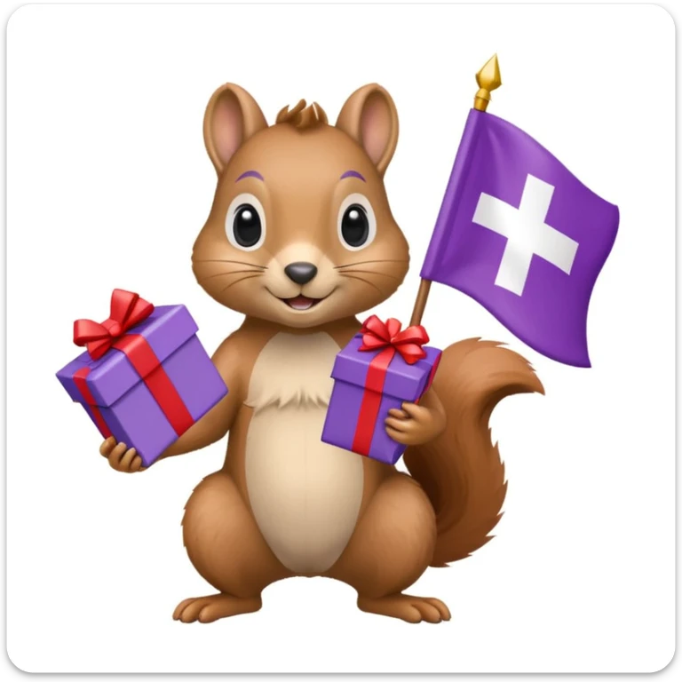 a squirrel holding a purple gift box in one hand and a Swiss flag in the other, both objects clearly visible, simple white background, the gift is a different color from the flag sticker